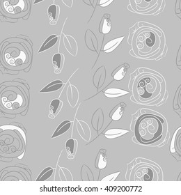  Seamless pattern of floral motif, doodles, stylized rosy, leaves, spirals, spots,branches, bud. Hand drawn.