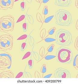  Seamless pattern of floral motif, doodles, stylized rosy, leaves, spirals, spots,branches, bud. Hand drawn.