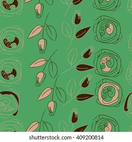  Seamless pattern of floral motif, doodles, stylized rosy, leaves, spirals, spots,branches, bud. Hand drawn.