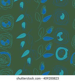  Seamless pattern of floral motif, doodles, stylized rosy, leaves, spirals, spots,branches, bud. Hand drawn.