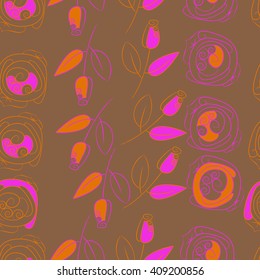  Seamless pattern of floral motif, doodles, stylized rosy, leaves, spirals, spots,branches, bud. Hand drawn.