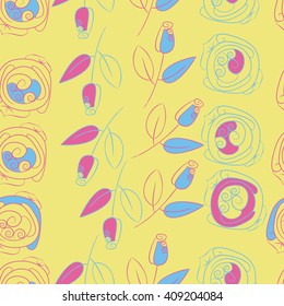  Seamless pattern of floral motif, doodles, stylized rosy, leaves, spirals, spots,branches, bud. Hand drawn.