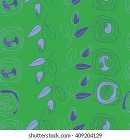  Seamless pattern of floral motif, doodles, stylized rosy, leaves, spirals, spots,branches, bud. Hand drawn.