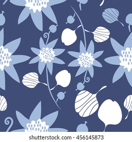 Seamless    pattern of floral motif, doodles, flowers, leaves, spot, hole, spiral, branch, object. Hand drawn.