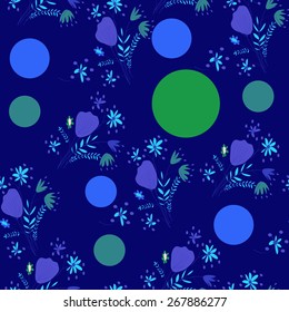 Seamless pattern of floral motif, ellipses, bouquets,circles. Hand drawn.