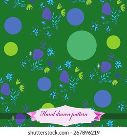 Seamless pattern of floral motif, ellipses, bouquets,circles, label. Hand drawn.