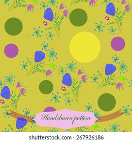 Seamless pattern of floral motif, ellipses, bouquets,circles, label. Hand drawn.