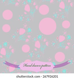Seamless pattern of floral motif, ellipses, bouquets,circles, label. Hand drawn.