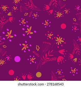 Seamless pattern of floral motif, ellipses, branches, bouquets. Hand drawn.