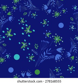 Seamless pattern of floral motif, ellipses, branches, bouquets. Hand drawn.