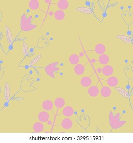 Seamless pattern with floral motif, ellipses, branches, bells. Hand drawn.