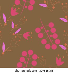 Seamless pattern with floral motif, ellipses, branches, bells. Hand drawn.