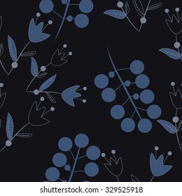 Seamless pattern with floral motif, ellipses, branches, bells. Hand drawn.