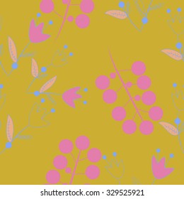 Seamless pattern with floral motif, ellipses, branches, bells. Hand drawn.