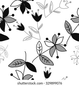 Seamless   pattern  with floral  motif , ellipses, branches, bells, leaves,flowers. Hand drawn.