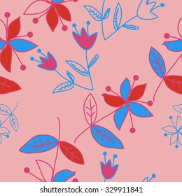 Seamless   pattern  with floral  motif , ellipses, branches, bells, leaves,flowers. Hand drawn.