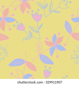Seamless   pattern  with floral  motif , ellipses, branches, bells, leaves,flowers. Hand drawn.