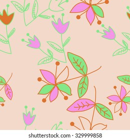 Seamless   pattern  with floral  motif , ellipses, branches, bells, leaves,flowers. Hand drawn.