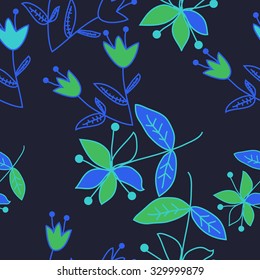 Seamless   pattern  with floral  motif , ellipses, branches, bells, leaves,flowers. Hand drawn.