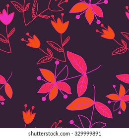 Seamless   pattern  with floral  motif , ellipses, branches, bells, leaves,flowers. Hand drawn.