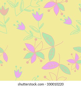 Seamless   pattern  with floral  motif , ellipses, branches, bells, leaves,flowers. Hand drawn.