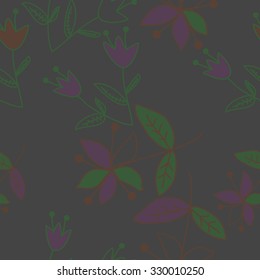 Seamless   pattern  with floral  motif , ellipses, branches, bells, leaves,flowers. Hand drawn.