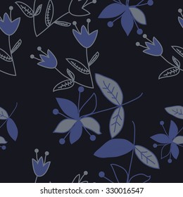 Seamless   pattern  with floral  motif , ellipses, branches, bells, leaves,flowers. Hand drawn.