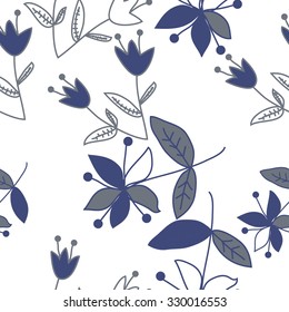 Seamless   pattern  with floral  motif , ellipses, branches, bells, leaves,flowers. Hand drawn.