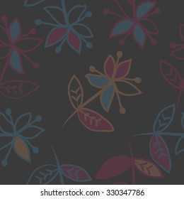 Seamless   pattern  with floral  motif , ellipses, branches,  leaves,flowers. Hand drawn.
