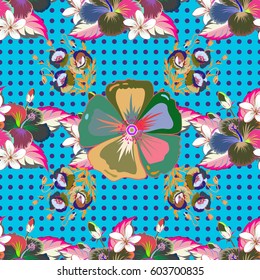 Seamless pattern with floral motif. Seamless floral pattern with green and blue flowers, watercolor. Vector flower illustration.