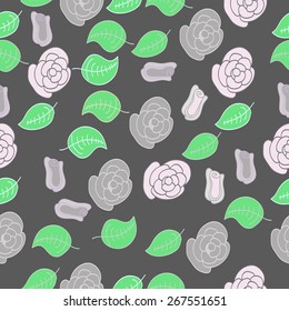 Seamless pattern of floral motif, leaves, flowers. Hand drawn.