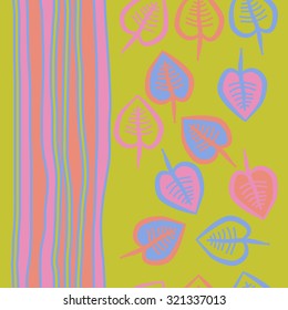 Seamless pattern of floral motif , leaves, stripes, spots, hole, doodles. Hand drawn, autumn theme.