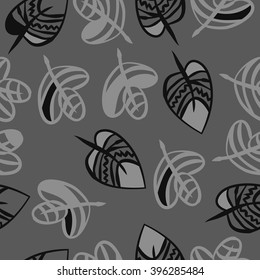 Seamless pattern of floral motif,  leaves, zigzag, hole, spots. Hand drawn.