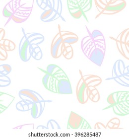 Seamless pattern of floral motif,  leaves, zigzag, hole, spots. Hand drawn.
