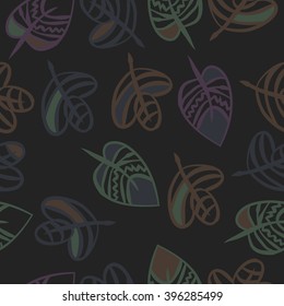 Seamless pattern of floral motif,  leaves, zigzag, hole, spots. Hand drawn.
