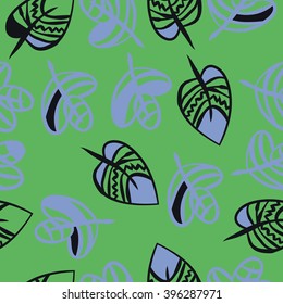 Seamless pattern of floral motif,  leaves, zigzag, hole, spots. Hand drawn.