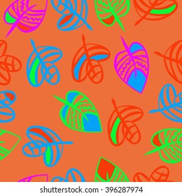 Seamless pattern of floral motif,  leaves, zigzag, hole, spots. Hand drawn.
