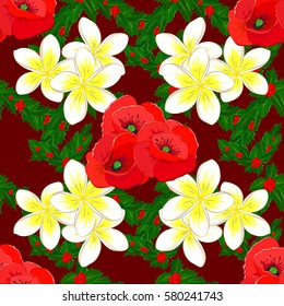 Seamless pattern with floral motif. Seamless floral pattern with many colorfil flowers, watercolor effect. Vector flower illustration on a red background.