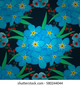 Seamless pattern with floral motif. Seamless floral pattern with many colorfil flowers, watercolor effect. Vector flower illustration on a blue background.