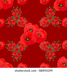 Seamless pattern with floral motif. Seamless floral pattern with many colorfil flowers, watercolor effect. Vector flower illustration on a red background.
