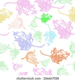 Seamless pattern of floral motif, maple leaves. Hand drawn.