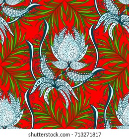 Seamless pattern with floral motif. Seamless floral pattern with red, green and blue flowers, watercolor. Vector flower illustration.