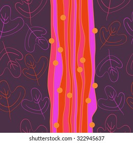 Seamless   pattern  with floral  motif and stripes, ellipses, waves, spots, leaves. Hand drawn.