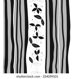 Seamless   pattern  with floral  motif  and stripes, ellipses, branches, flowers, leaves. Hand drawn.