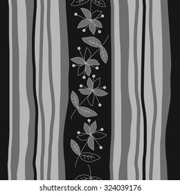 Seamless   pattern  with floral  motif  and stripes, ellipses, branches, flowers, leaves. Hand drawn.