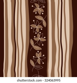 Seamless   pattern  with floral  motif  and stripes, ellipses, branches, flowers, leaves. Hand drawn.
