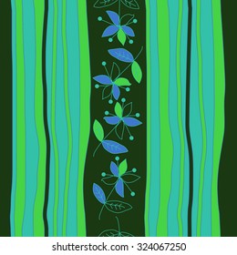 Seamless   pattern  with floral  motif  and stripes, ellipses, branches, flowers, leaves. Hand drawn.