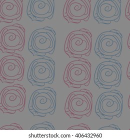 Seamless  pattern of floral motif, stylized rosy, leaves, spirals, doodles. Hand drawn.