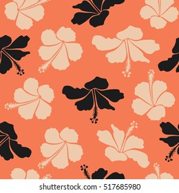 Seamless pattern with floral motif. Vector flower illustration. Vector illustration. Seamless floral pattern with orange, beige and gray hibiscus flowers, watercolor.
