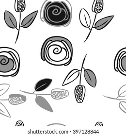 Seamless   pattern of floral  motif,branches, stylized flowers, bud, spirals. Hand drawn.